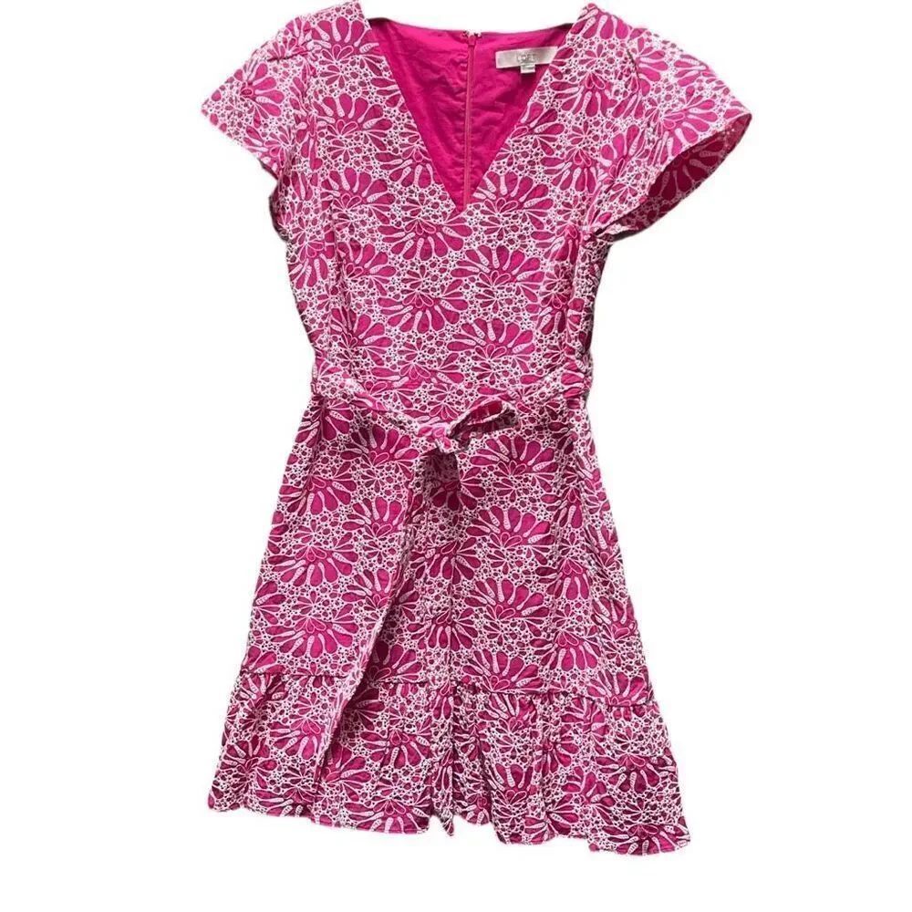 Loft size 8 heavily embroidered fit n flare ruffle cap sleeves dress